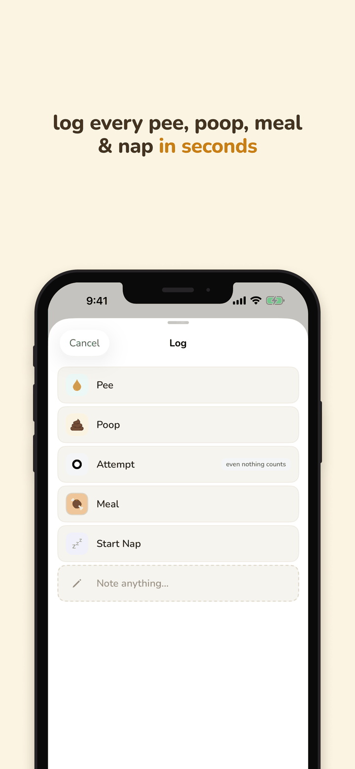 Log every pee, poop, meal and nap in seconds. The Log sheet, with buttons for pee, poop, attempt, meal, start nap, and a note.