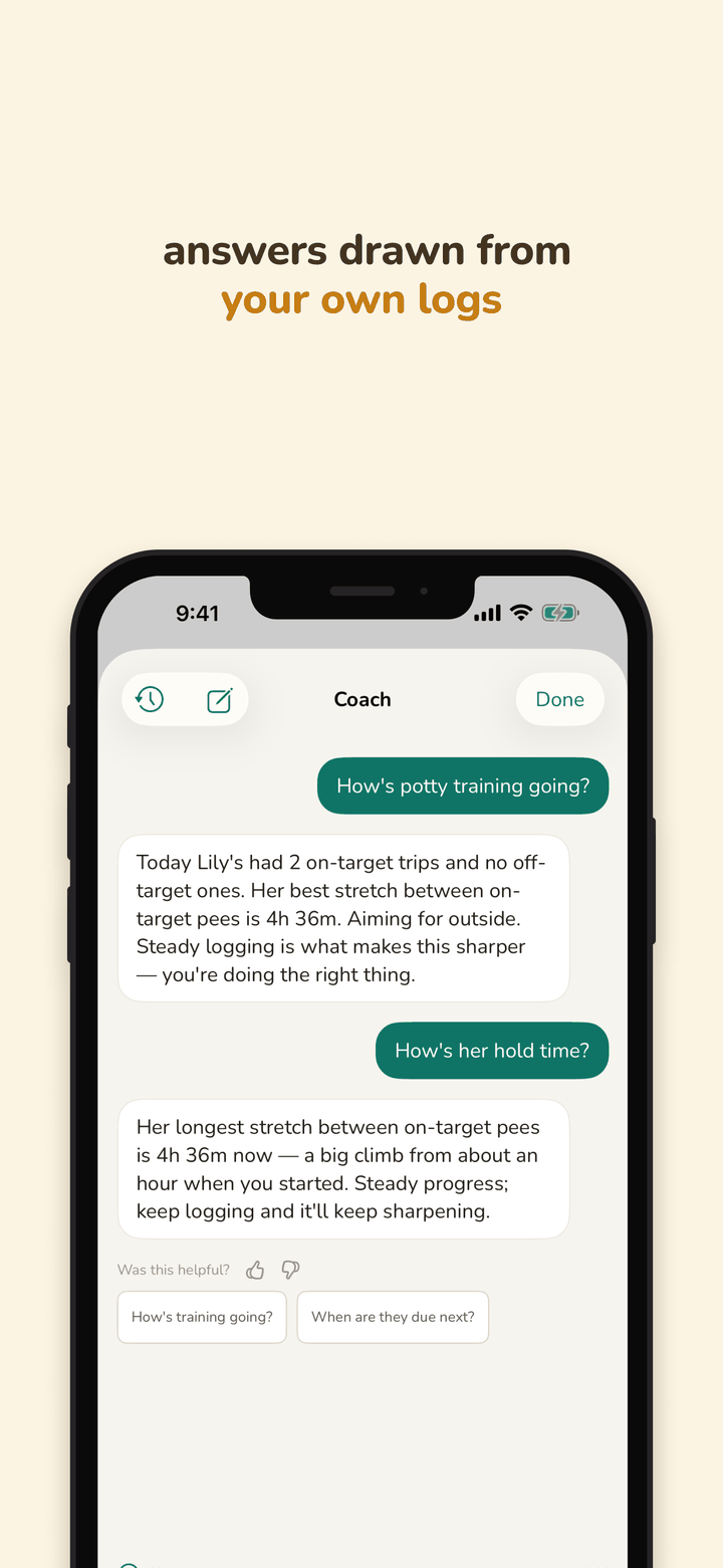 Answers drawn from your own logs. The Coach screen answering questions about training progress and hold time.