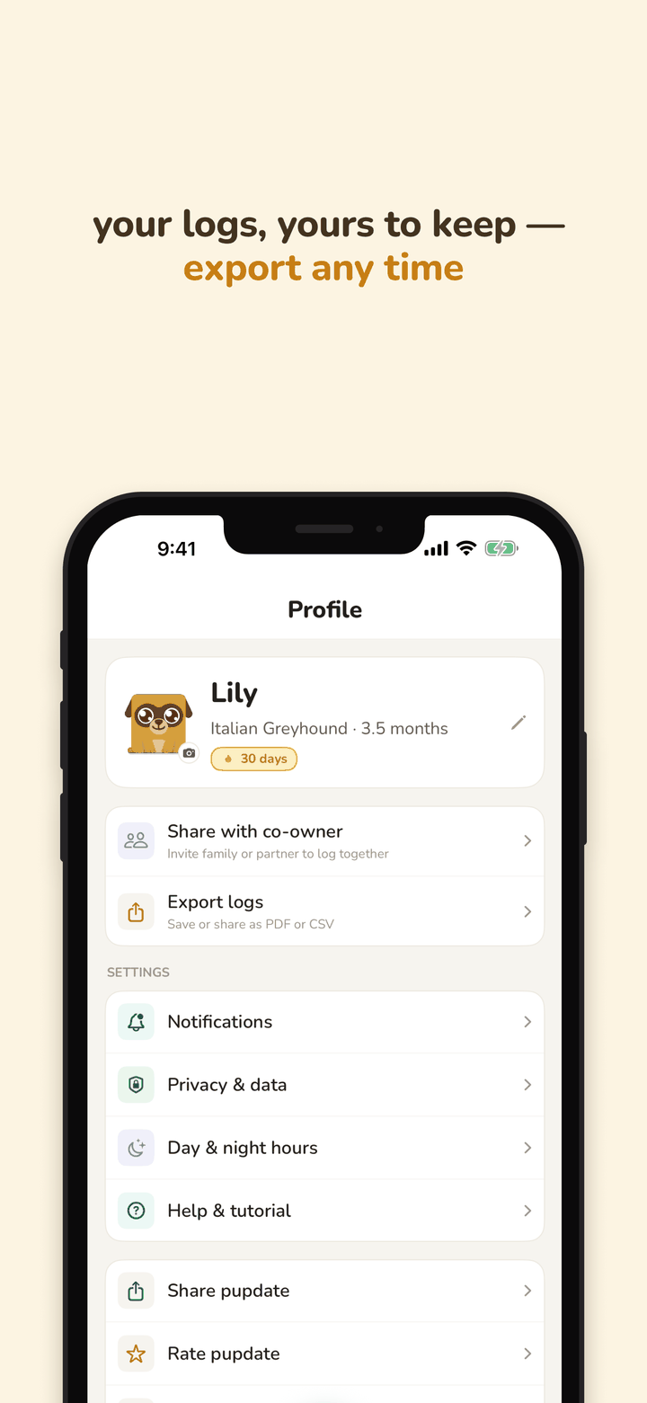 Your logs, yours to keep — export any time. The Profile screen: household sharing, log export, and settings.