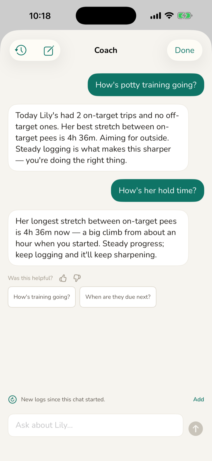 pupdate Ask screen: a question answered from your own logs