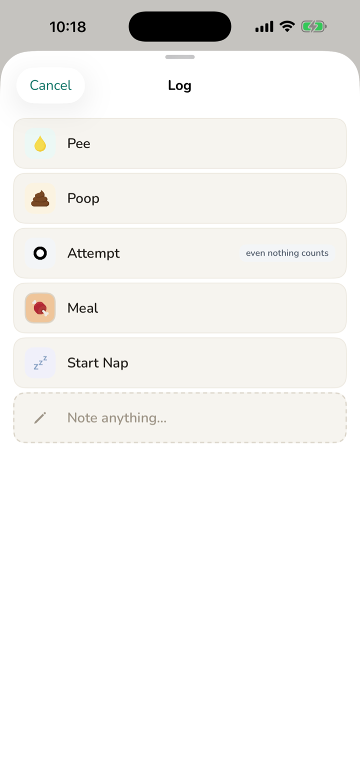 pupdate Log sheet: quick-log buttons for pee, poop, attempt, meal, nap, and a note