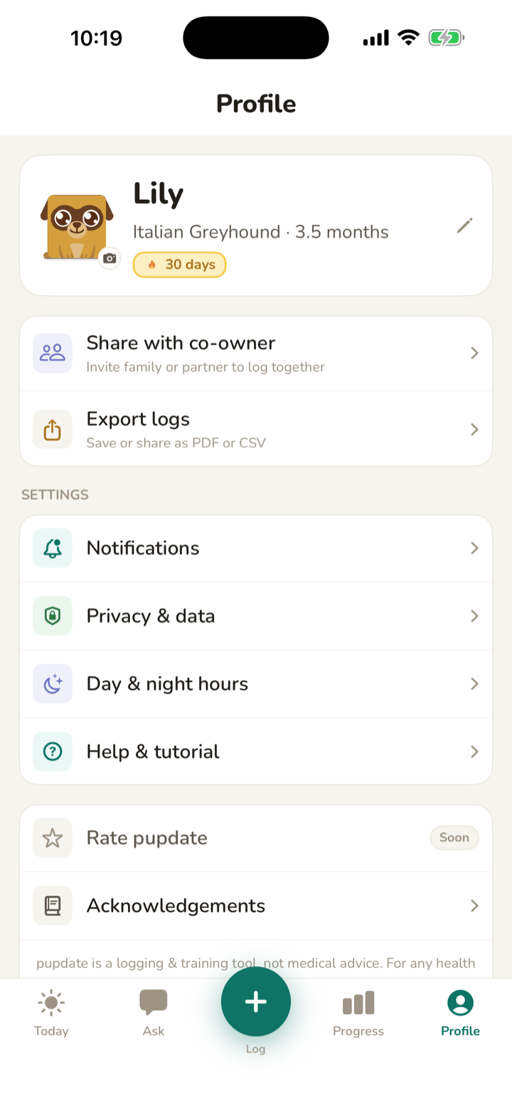 pupdate Profile screen: household sharing, log export, and privacy settings