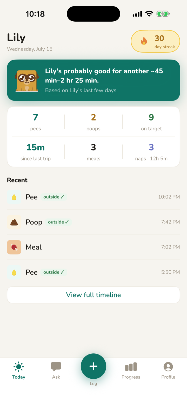 pupdate Today screen: a next-trip prediction, today's trips, and a recent-activity list